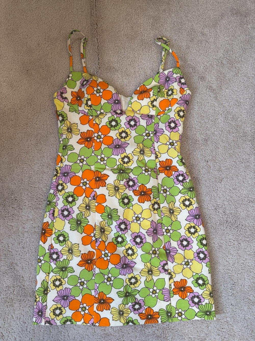 Zara Floral Spaghetti-Strap Mini Dress in Orange, Green & Purple